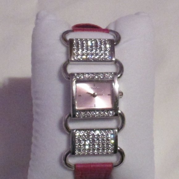 Strada Austrian Crystal Japanese Movement Watch with Rose Red Faux Leather Band - Picture 3 of 7